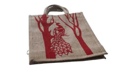 Eco-Friendly Jute Handbag with Red Peacock Design