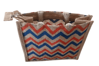Stylish Red & Blue Zigzag Jute Tote Bag - Eco-Friendly Lunch & Gift Carrier Stylish Red & Blue Zigzag Jute Tote Bag - Eco-Friendly Lunch & Gift Carrier