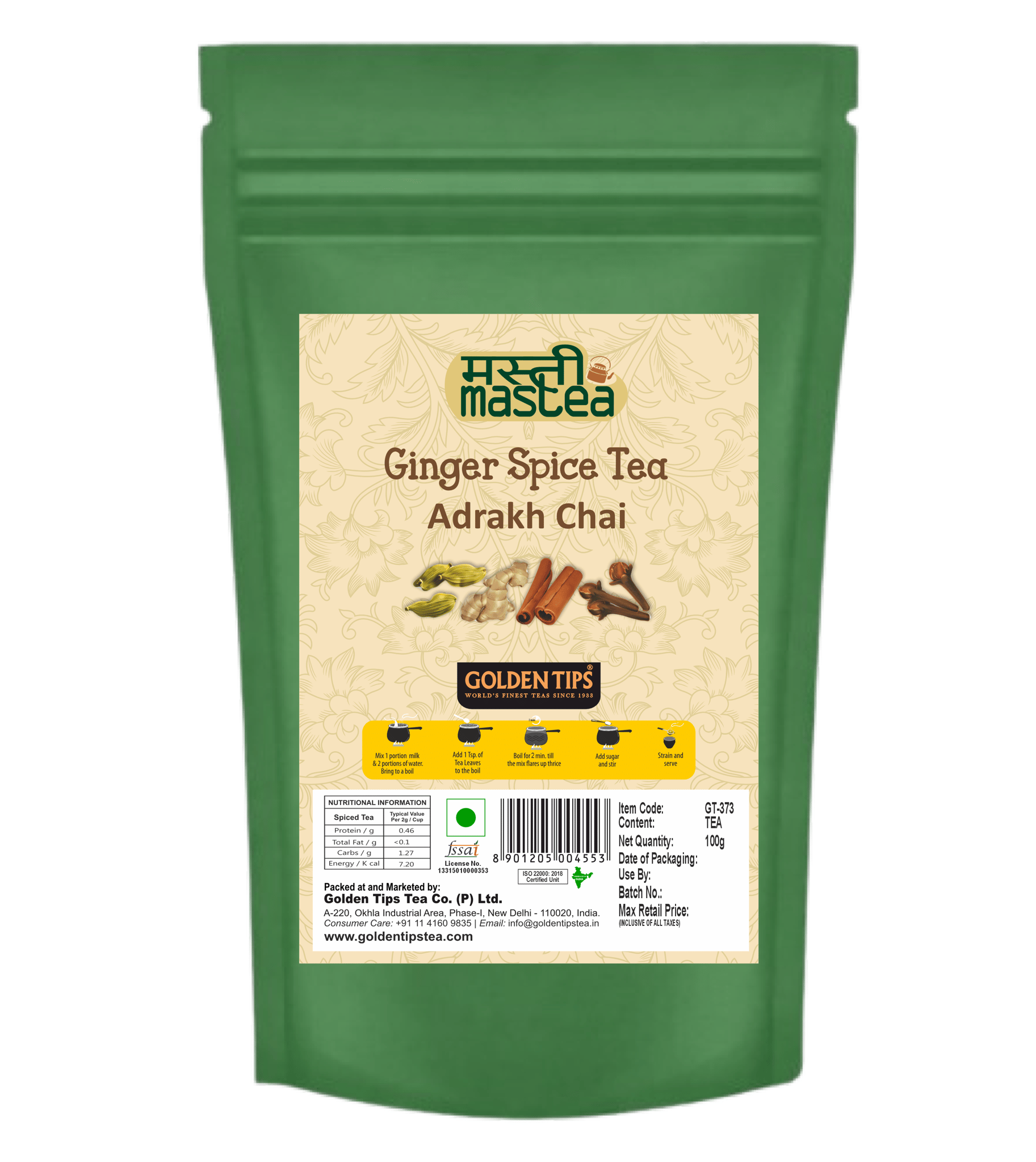 Golden Tips Indian Spicy Ginger Mastea Cardamom, Cinnamon, Cloves, Ginger Masala Tea Pouch (100g-50 Cups))