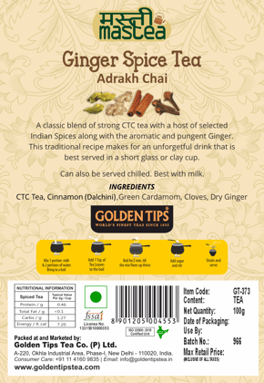 Golden Tips Indian Spicy Ginger Mastea Cardamom, Cinnamon, Cloves, Ginger Masala Tea Pouch (100g-50 Cups))