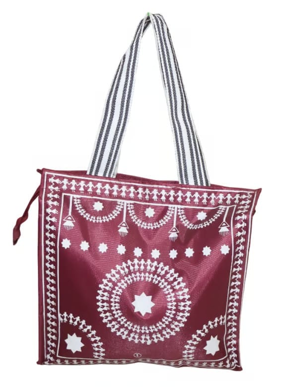 Maroon Warli Art Print Tote Bag