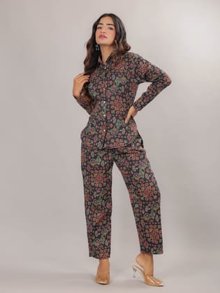 Mughal Print on Black Cotton Shirt Set for Women-M