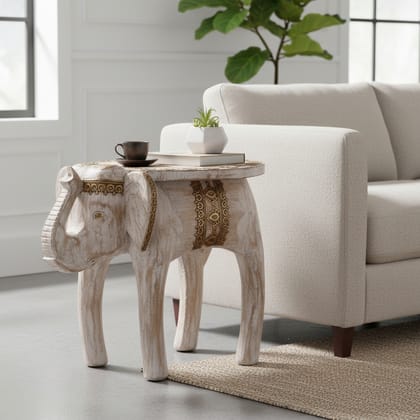 Indian Handmade Elephant Antique Look White Coffee Table