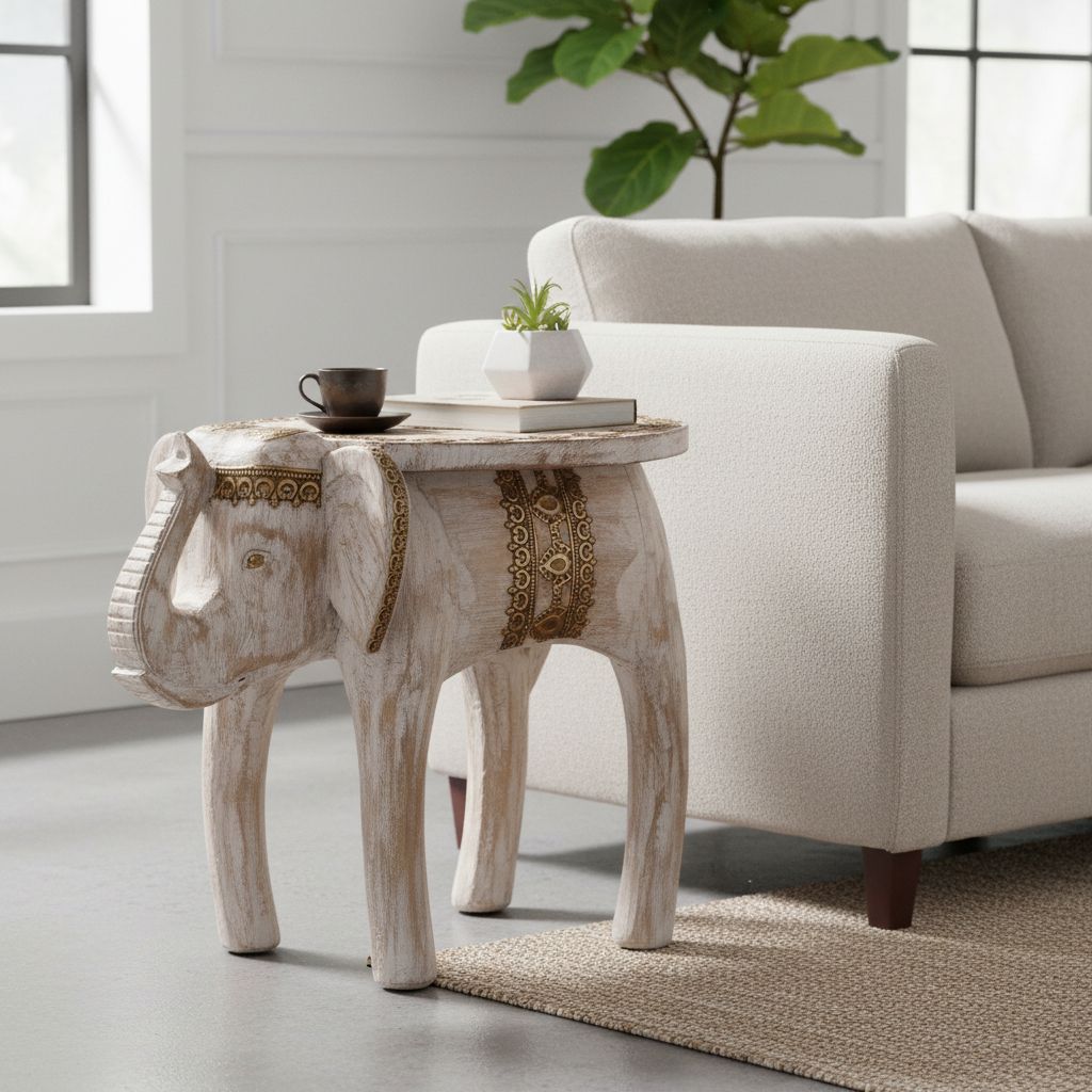 Indian Handmade Elephant Antique Look White Coffee Table