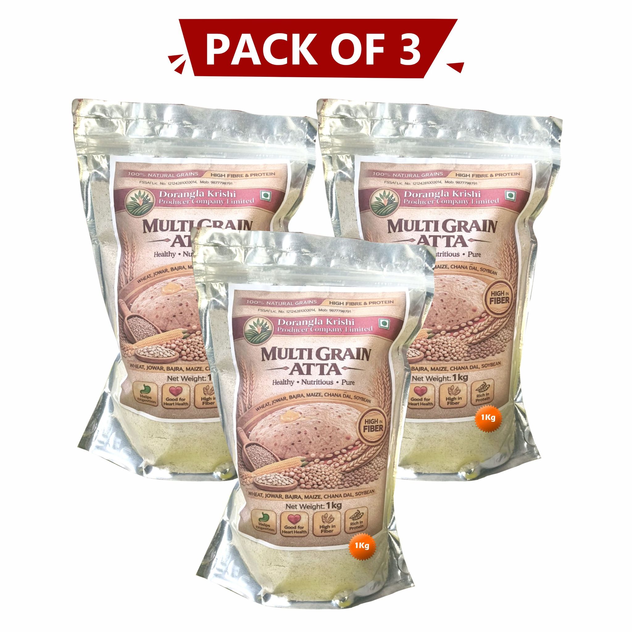Multi Grain Atta 1 Kg Pack of 3 by Dorangla Krishi Producer Company – Pure, Natural & Farm-Fresh Multi Grain Atta for Daily Cooking. 