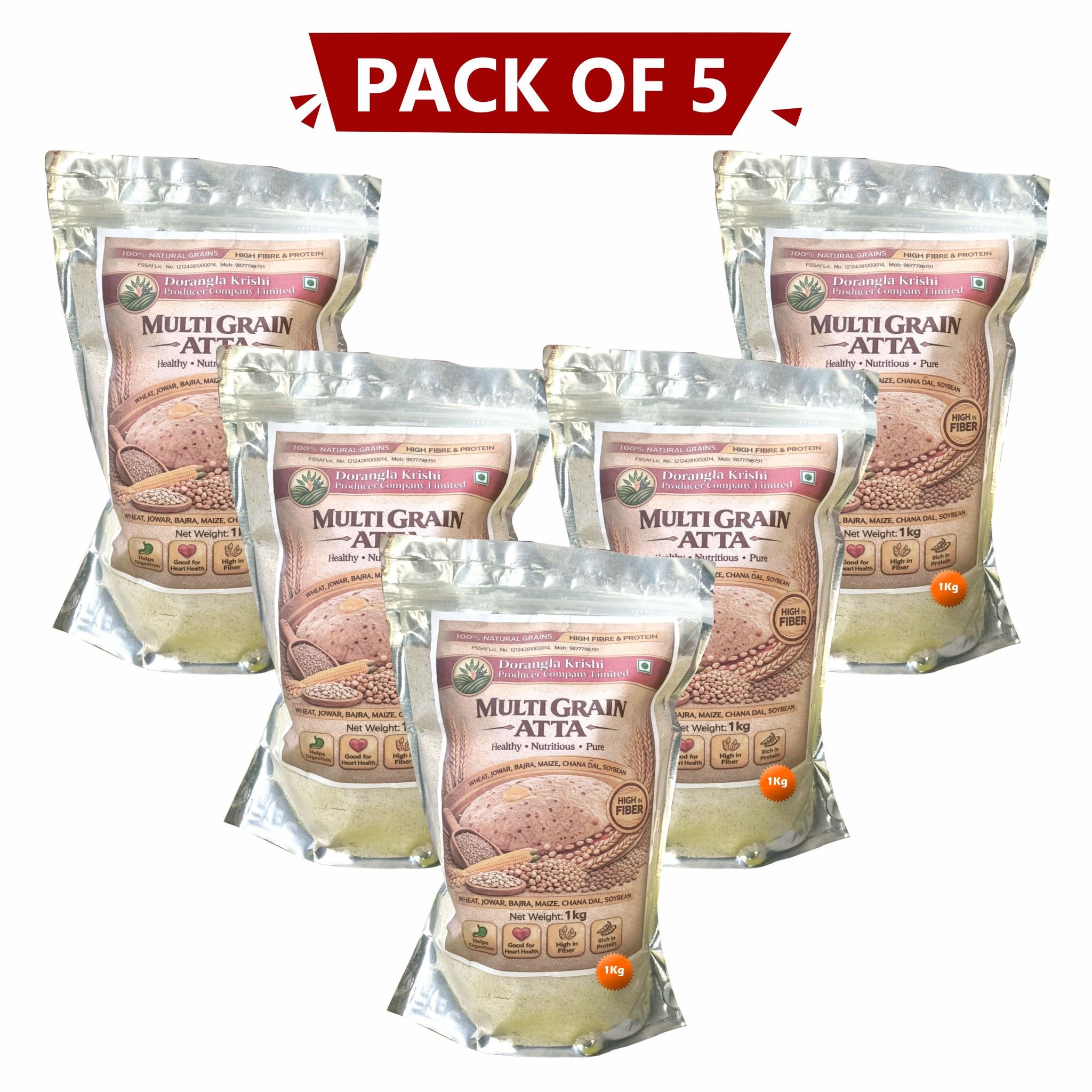 Multi Grain Atta 1 Kg Pack of 5 by Dorangla Krishi Producer Company – Pure, Natural & Farm-Fresh Multi Grain Atta for Daily Cooking. 