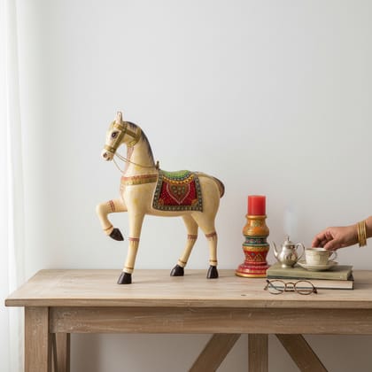 Home Decor Handicraft Horse-Statue, Wooden Beautiful Painted Horse-Idol, Showpiece Table Decor Horse-Figurine