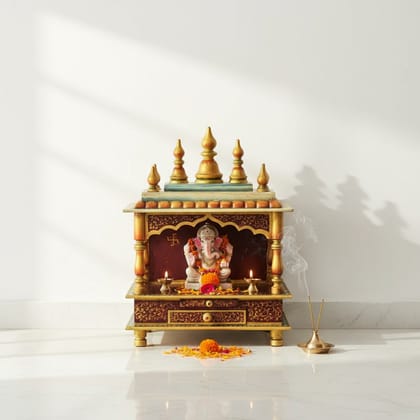 Beautifully Handcraft Painted Wooden Ganesh Temple-Pooja Mandir