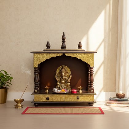 VMAntique Decor Handicraft Wall-Temple, Brass Embossed Wooden Temple, Pooja-Room Mandir, Drawer-Temple (Size-18 x 9 x 22 inch)