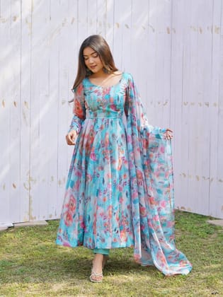 Sky Blue Flower Design Anarkali Suit With Duppata & Pant