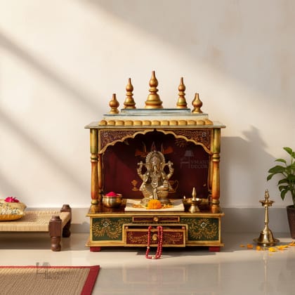 Indian Painted Wooden Pooja Temple-Wall Mandir
