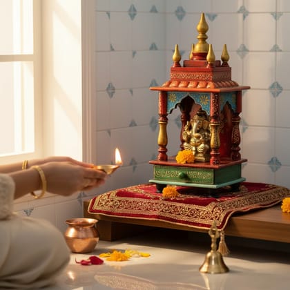 Wooden Temple Painted Wall Mandir Pooja Stand