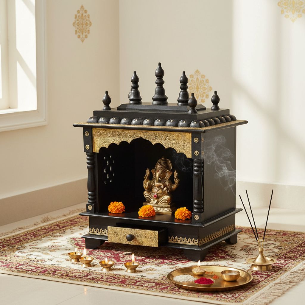 Handicraft Wooden Temple For Home With Brass Fitting