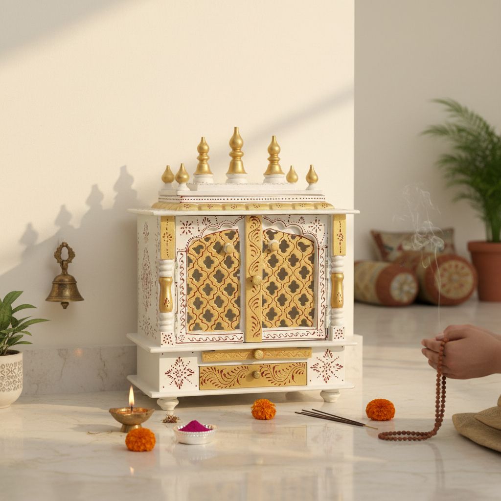 Wood Painted Beautiful White Temple For Home-Pooja Wall Mandir