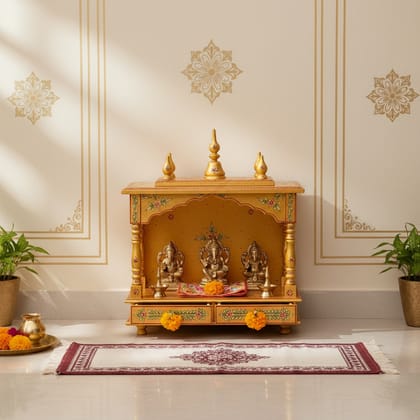 Wooden Wall-Temple, Handicraft Pooja-Temple In Golden Color, Pooja-Stand/Pooja-Ghar/Pooja-Place For Home