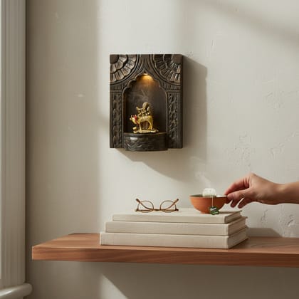 VM ANTIQUE DECOR Handicraft Carved Pooja-Stand Jharokha, Wall Hanging God-Statue Stand,Wooden Wall-Jharokha in Blue-Background, Pooja-Room Decors Jharokha