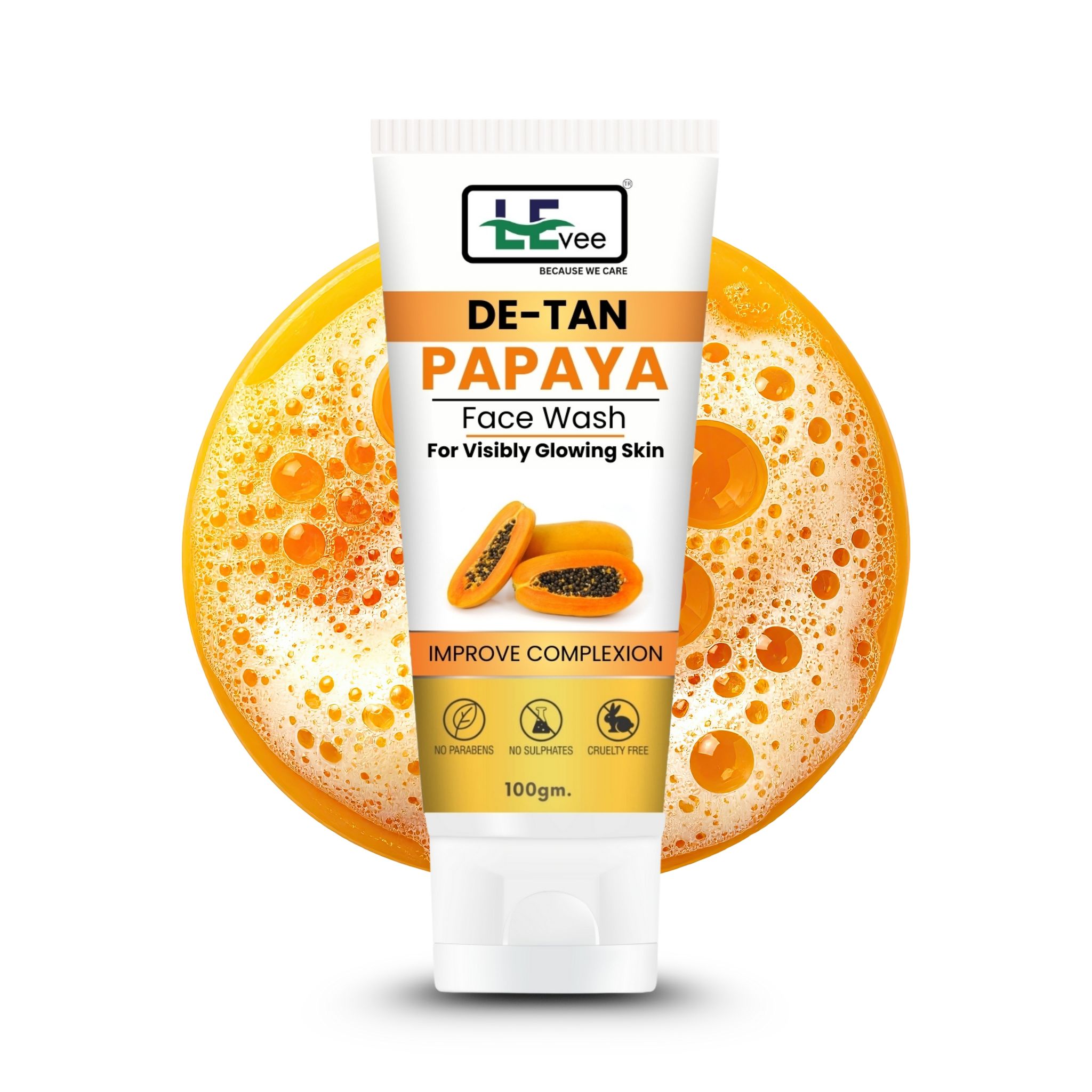 LEvee De-Tan Papaya Face Wash | Skin Brightening Tan Removal Cleanser with Papain Enzymes | For Glowing Skin & Dark Spot Correction | 100ml