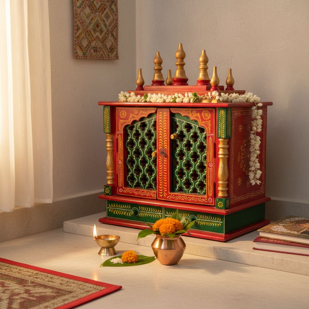 Handicraft Wall-Temple, Fine-Art Painted Pooja-Mandir, Home Living Wooden Temple