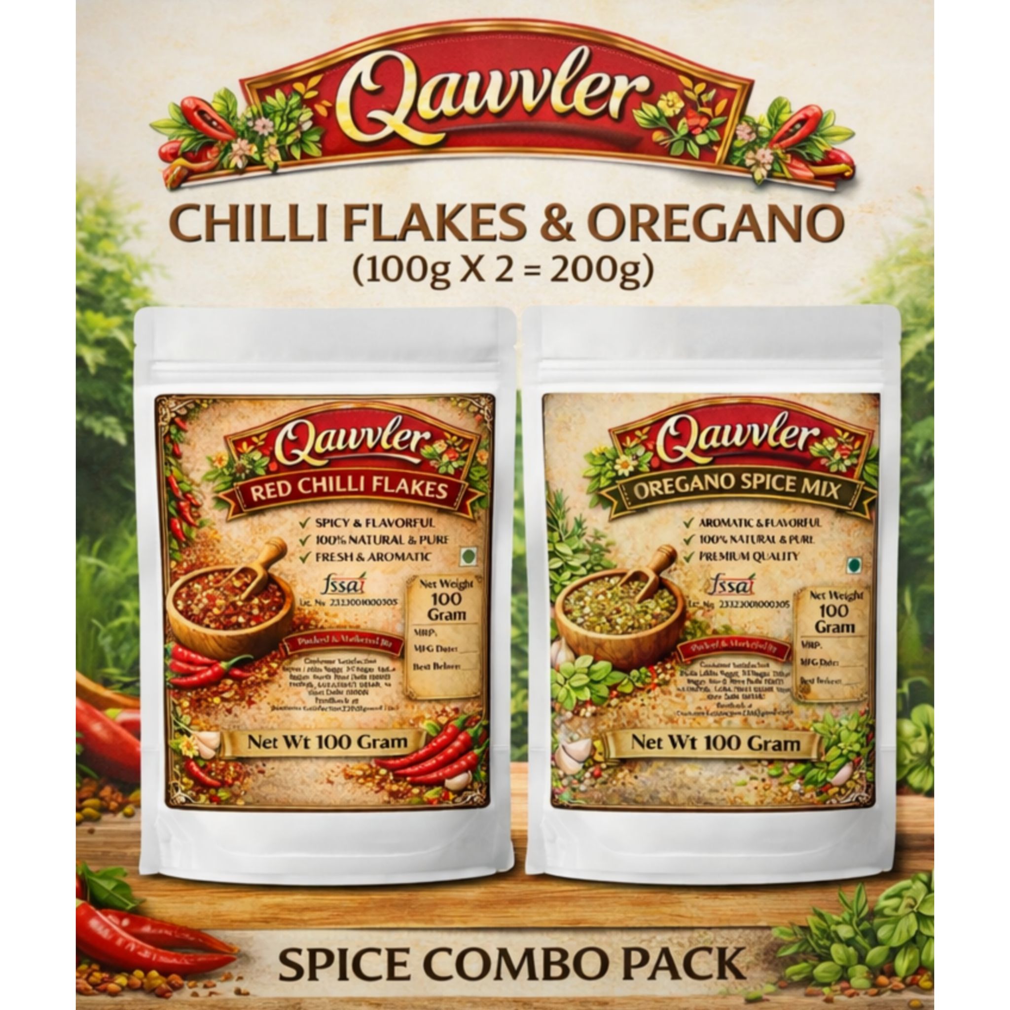 Qawvler | Pizza Chilli Flakes & Oregano | Spice Combo Pack, 200 Gram Total | Seasonings Fresh & Natural Herbs | Each 100 Gram Pouch | (Pack of 2)