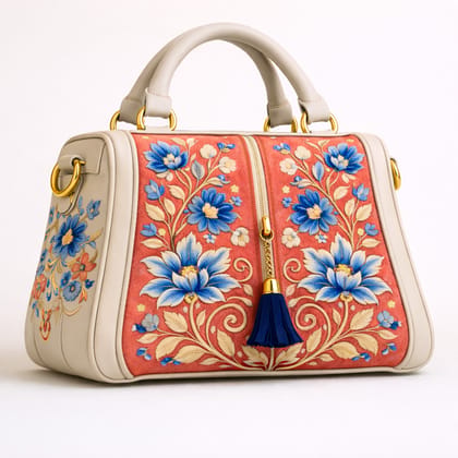 Floral Embroidered Cream & Coral-Red Handbag with Tassel