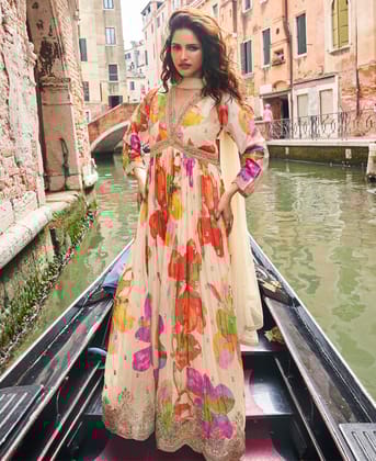 Designer White Floral Printed Wedding Wear Chinon Anarkali Gown for Women