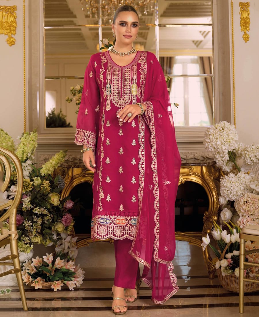 Trendy Pink Chinon Straight Suit for Women (Ethnic Wear)