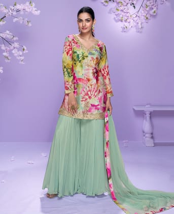 Floral Printed Elegant Pista Green Chinon Suit for Women