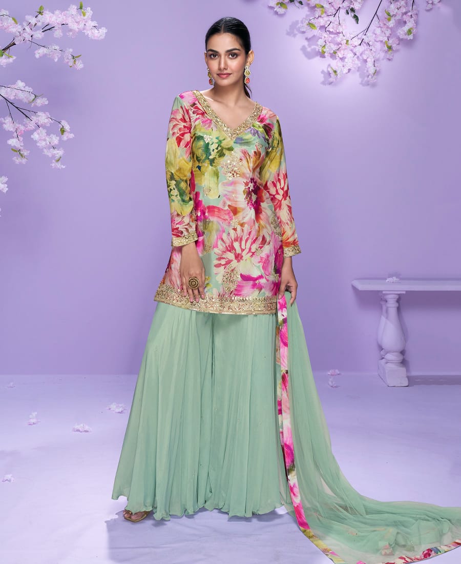 Floral Printed Elegant Pista Green Chinon Suit for Women