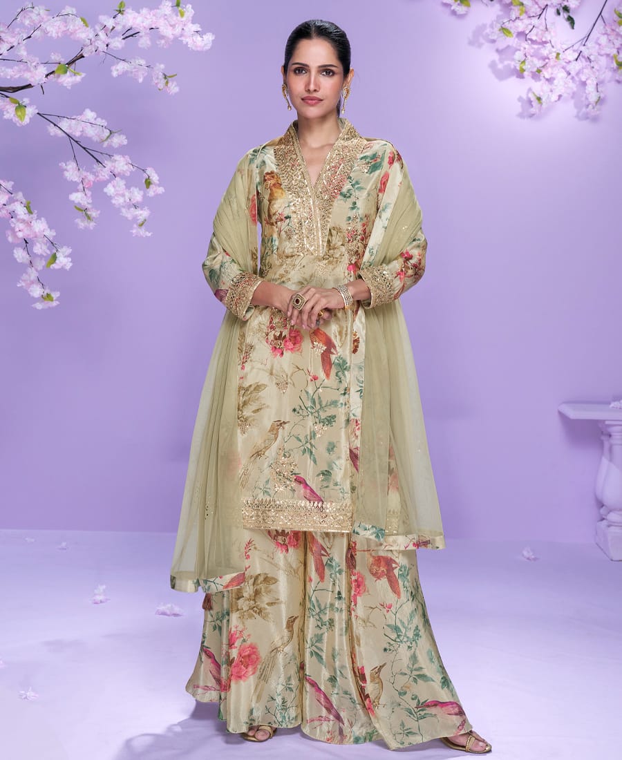 Floral Printed Elegant Beige Chinon Suit for Women