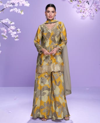 Floral Printed Elegant Yellow Chinon Suit for Women