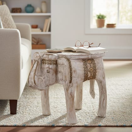 VM ANTIQUE DECOR Handicraft Showpiece Elephant Table,Wooden Distressed White Coffee Table Cum Coctail Table, Home Decors Lamp-Table