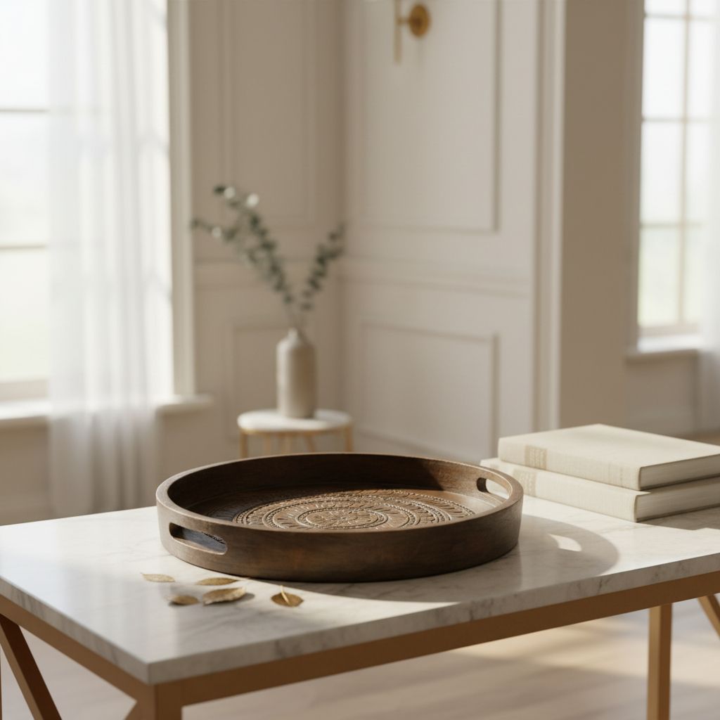 Wood Carved Round Gray Serving Tray