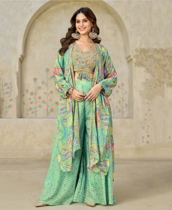 New Printed Chinon Co-ord Set for Women (Party Wear, Sky Blue)