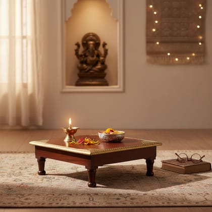 Indian Handmade Wooden Chowki Table Brown Brass
