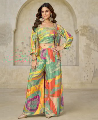 New Printed Chinon Co-ord Set for Women (Party Wear, Pista Green)