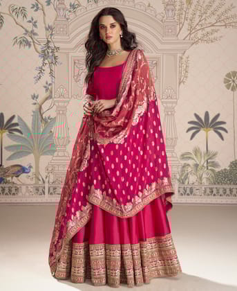 New Indian Heavy Wedding Wear Pink Silk Anarkali Suit for Women