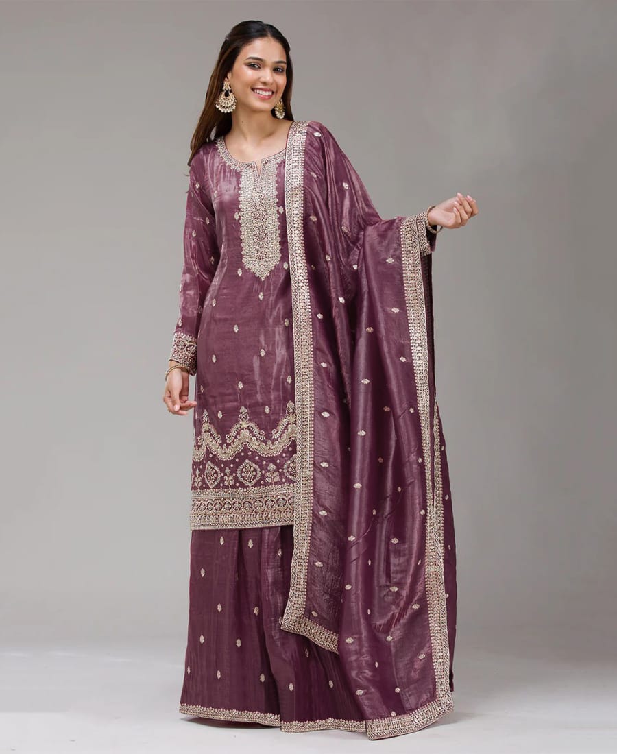 Pakistani Style Magenta Gold Crush Palazzo Suit for Women