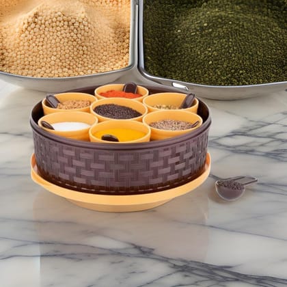 Stylish 7-Compartment Brown Woven Spice Box with Spoons