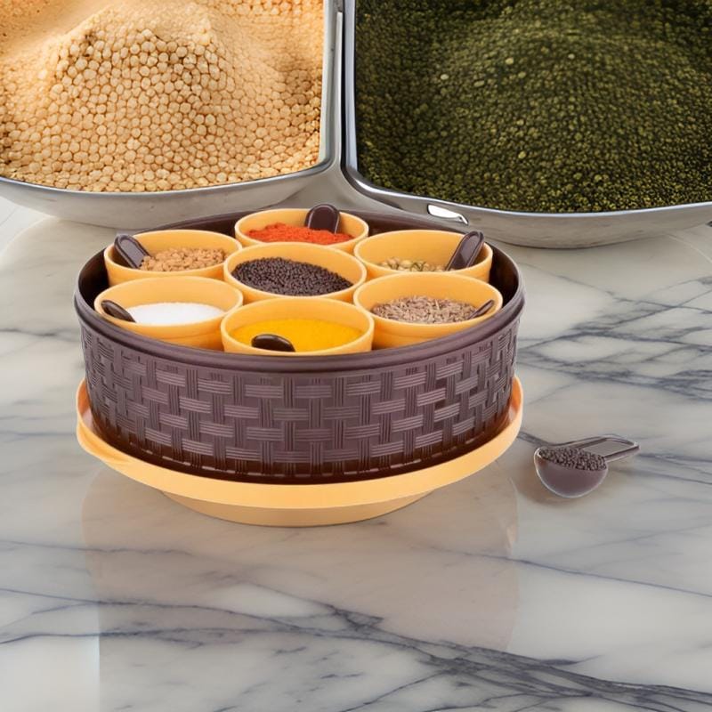 Stylish 7-Compartment Brown Woven Spice Box with Spoons