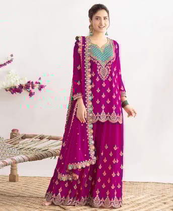 Premium Magenta Chinon Palazzo Suit for Women Wear