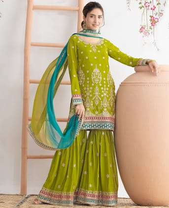 Trendy Green Chinon Sharara Suit for Women Festival Wear