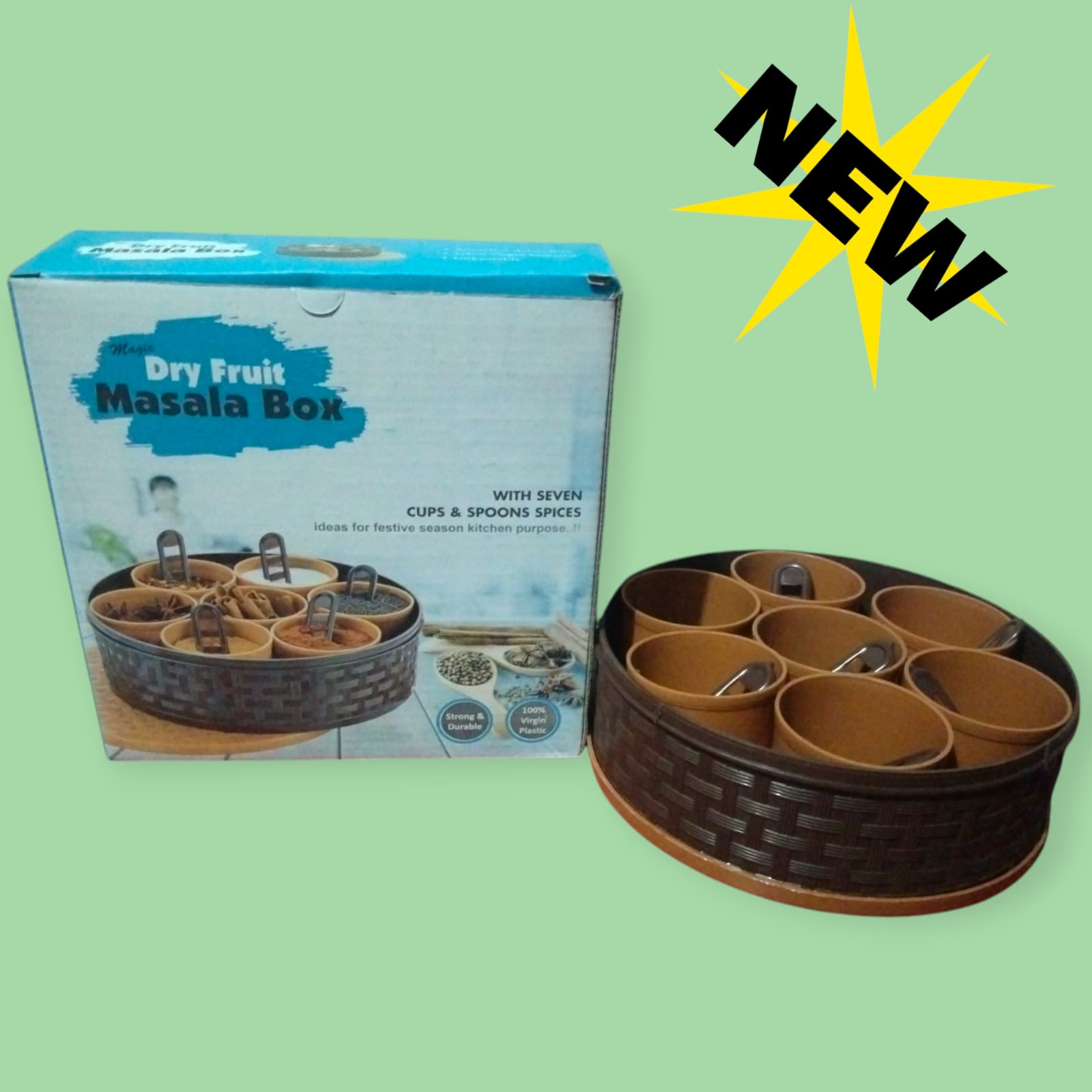Magia Dry Fruit Masala Box with 7 Cups & Spoons, 100% Virgin Plastic, Strong & Durable