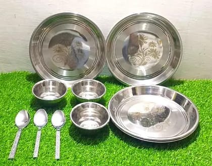 Laser Design Stainless Steel Dinner 3 Plate 3 Bowl 3 Spoon| Thali Round katori vati for Kitchen with Suitable for snacks, ice cream, curry, salad, dessert