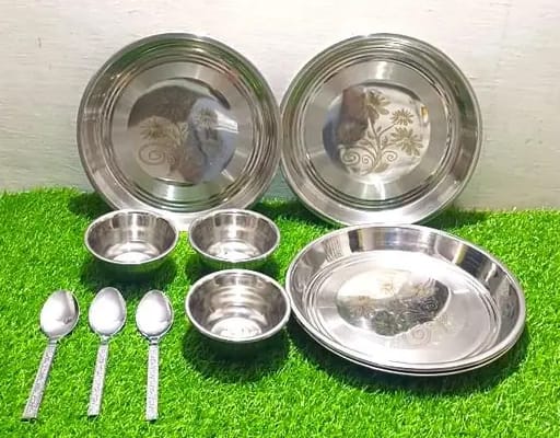 Laser Design Stainless Steel Dinner 3 Plate 3 Bowl 3 Spoon| Thali Round katori vati for Kitchen with Suitable for snacks, ice cream, curry, salad, dessert