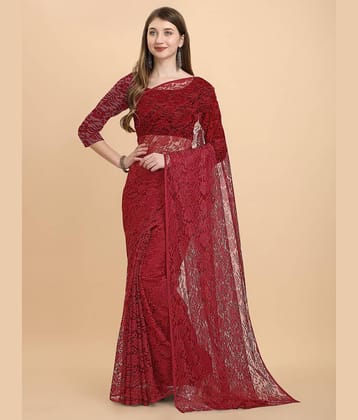 VANRAJ CREATION Net Self Design Saree With Unstitched Blouse Piece ( Maroon )