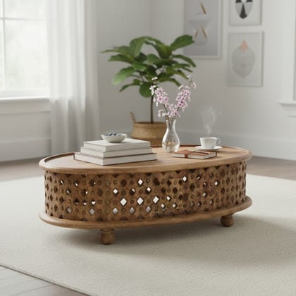 Wooden Oval Tribal Carved Coffee Table Home Bedroom Furniture