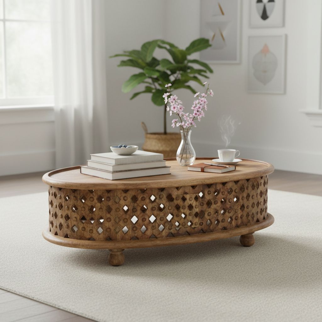 Wooden Oval Tribal Carved Coffee Table Home Bedroom Furniture