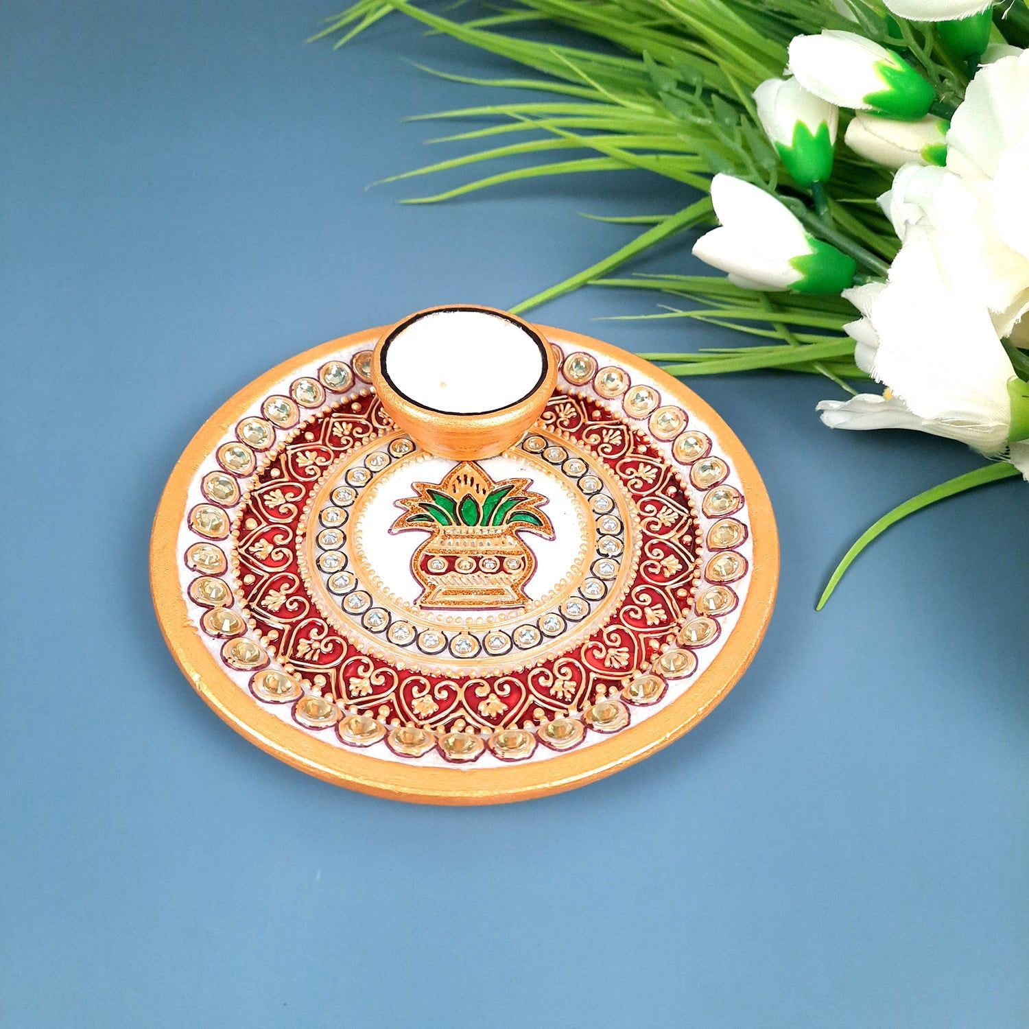 Marble Puja Thali With Diya / Small Bowl | Aarti Plate With Intricate Detailing & Kalash Design - For Pooja, Weddings, Temple, Rakhi, Karwachauth & Festival Decor- 6 Inch