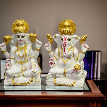 Laxmi Ganesh Idol for Home Decor Mandir Table Desktop Lakshmi Ganesha Murti H – 14 cm-Composite Marble