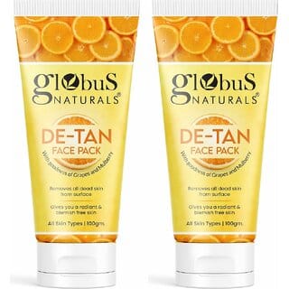 Globus Naturals De Tan Face Pack, with Grapes & Mulberry Tan Removal, Anti Pollution & Oil Control Formula, Chemical Free, Cruelty Free, Suitable For All Skin Types, 100 gm, Set of 2